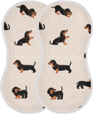 Muslin Baby Burp Cloths Set of 2, Soft Absorbent Cute Dogs Dachshunds Muslin Washcloths, Bibs, Face Towel for Newborn Boys Girls, 22 x 11 Inch
