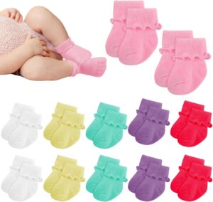 Toulite 12 Pairs Preemie Socks Girls and Boys Premature Ruffle Turn Cuff Cotton Socks Hospital Nicu