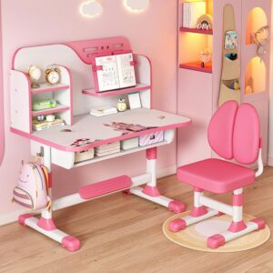 Kids Functional Desk and Chair Set, Ergonomic Height Adjustable Children School Study Desk with Storage, Book Stand, Metal Hook and Drawer for Boys Girls (Pink-)