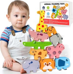 Montessori Toys for 1 2 3 4 Year Old Boys Girls, Toddler Toys Age 2-4, 1 2 3 4 Year Old Girl Boy Birthday Gifts, 10 pack Wooden Animal Blocks Sorting & Stacking Education Toddler Puzzles Toys