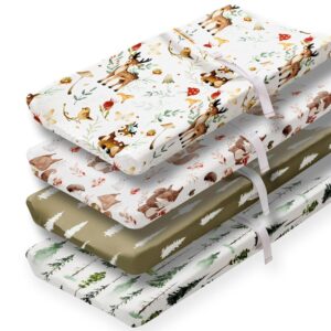 4 Pack Changing Pad Covers Woodland Forest Animals Wood Neutral Unisex Fitted Baby Changing Pad Cover Set for Baby Boys or Girls (Beer)