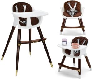 INFANS Baby High Chair, 3 in 1 Convertible Wooden Highchair for Babies & Toddlers, Modern Infant Feeding Chair with 5-Point Safety Harness, Footrest, Adjustable Legs, Removable Tray PU Cushion