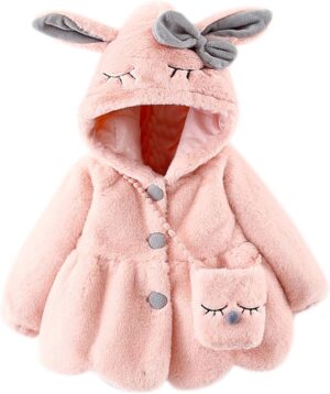 Infant Baby Girls Winter Coat Faux Fur Fleece Jacket Bunny Ear Hooded Coat with Bag Thick Button up Bubble Jacket