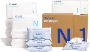 Coterie Baby Diapers + Wipes Baby Kit, Size 1 (198 Count) Size Newborn (93 Count) 4 Wipe Packs (224 Wipes) Made with Plant Derived Fibers, Hypoallergenic, for Sensitive Skin, Clean Ingredients