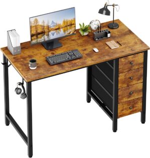 Lufeiya 40 inch Computer Desk with 4 Fabric Drawers, Kids Student Reversible Small Desks for Home Office Small Space, Work PC Desk Table for Bedroom, Rustic Brown