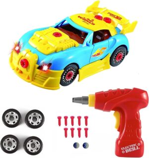 Pup Go Construction Toys Take Apart Toy Car Racing 30 Pieces with Realistic Sounds & Lights – Build Your Own Car Kit with Electric Drill Tool for 3 Year Old Boys(4 Spare Screws Included)