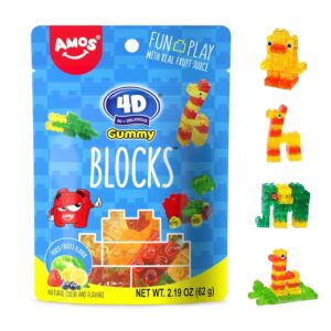 AMOS 4D Gummy Blocks Candy Bricks, Edible Building Blocks, Themed Novelty Candy for Kids Birthday Party, Cupcake Topper, Resealable 2.19oz Bag (Pack of 3)