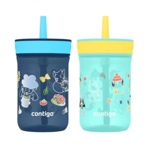Contigo Leighton Kids 14oz 2-Pack Plastic Water Bottles, Spill-Proof Tumblers with Straws, Blueberry/Spaghetti & Jade/Penguin, Dishwasher Safe, Suitable for Toddlers 1-3 Years