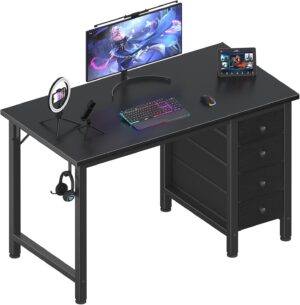 Lufeiya Small Gaming Desk with 4 Fabric Drawers, 40 Inch Kids Girls Teen Cute Study Desk for Bedroom, Reversible Work Computer Writing Table Desks for Small Space Home Office, Black