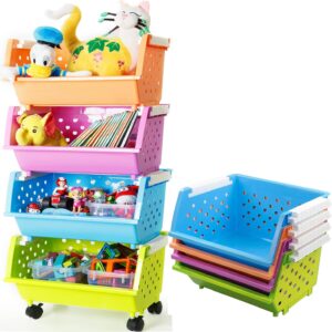 Kids’ Toys Storage Organizer Bins Baskets with Wheels Can Move Everywhere Large 4 Baskets Natural/Primary (Primary Collection) (Purple&Blue&Orange&Green)