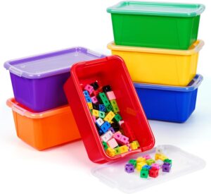 GAMENOTE Colored Plastic Storage Bins with Lids, Stackable Containers,Toy Storage Organizer – 5 Qt 6 Pack-Small Tubs,Tote Box for Classroom, Kids, Sorting (12×7.2×5.1 in)