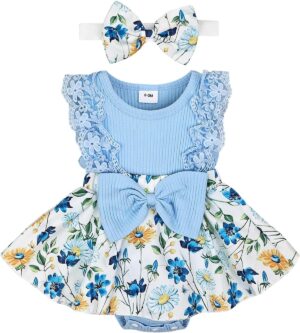 Baby Girl Clothes Newborn Romper Dress Infant Lace Ruffle Sleeveless Summer Outfits with Headband 0-12 Months