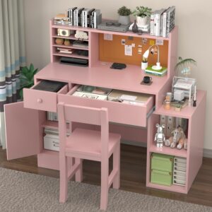 Childrens Computer Desk with Bulletin Board, Pink Kids Desk and Chair Set for 5-12 Year Old, Kids Study Table with Chair, Drawers and Cabinets-10
