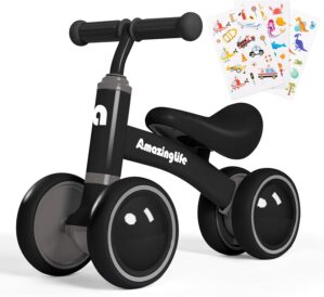 Balance Bike 1 Year Old, 10-24 Months Baby Balance Bike Toys, No Pedal Infant 4 Wheels Toddler Bike, Toddler Ride On Toys, Three Free Cartoon Stickers, First Birthday Gift for Boys Girls