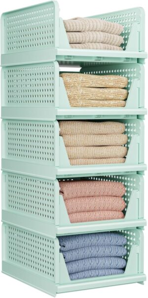 5 Pack Folding Closet Organizers Storage Box, Stackable Storage Bins, Plastic Drawer Basket Closet Storage for Wardrobe Cupboard Kitchen Bathroom Office Green-5L