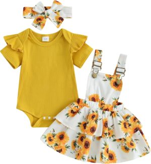 Mubineo Baby Girl Summer Clothes Cute Outfits Short Sleeve Romper Overall Skirt Dress Headband 3PCS Newborn Outfit