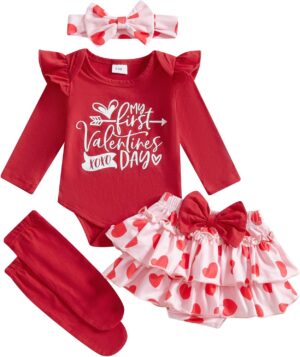 FYBITBO Newborn Baby Girl Christmas Outfits Cute Letter Romper Ruffle Plaid Skirt Dress Infant Christmas Outfit Clothes Set