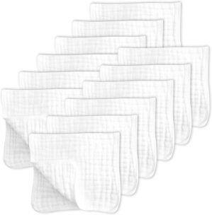 SWEET DOLPHIN 12 Pack Muslin Burp Cloths Large 100% Cotton Hand Washcloths for Baby – Baby Essentials Extra Absorbent and Soft Boys & Girls Milk Spit Up Rags for Newborn Registry – White, 20″ X10″