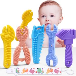 Baby Teething Toys for 0-6 / 6-12 Months – Molar Teether Chew Toys Set BPA Free Silicone, Soft Textures – Hammer Wrench Scissors Shape Gift 5-Pack