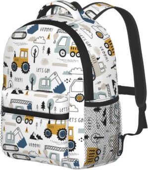 Toddler Backpack for Boys Age 3-8 Kids Construction Truck Excavator Bookbag for Kindergarten Preschool Water Resistance Cute Mini Small Simple Travel Daypack (White)