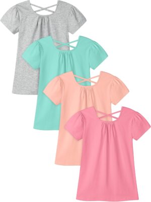 Poroka 4 Pack Toddler Girls Shirts Cotton Short Sleeve Shirts Crewneck Puff Sleeve Tops Tees Toddlers Summer T-Shirts