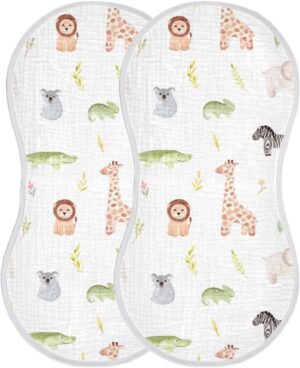 Muslin Baby Burp Cloths Set of 2, Soft Absorbent Safari Animals Muslin Washcloths, Bibs, Face Towel for Newborn Boys Girls, 22 x 11 Inch