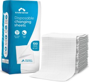 KinderSense® Disposable Changing Pads for Baby Diaper (100 Sheets) | Portable Changing Pad Liners (23″ x 17.5″) | Paper Top Layer – Waterproof Bottom Layer | Leak Proof Infant Changing Mat
