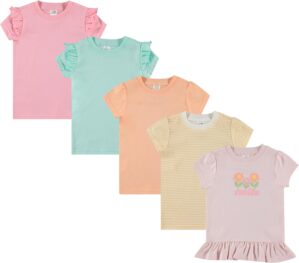 Cudlie 5-Pack Toddler/Baby Girl Short Sleeve Tops – Premium Quality Shirt Tops for Lightweight Comfort and Style.