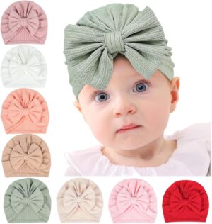 QandSweet 0-24 Months Newborn Girls’ Hats Cotton and Linen Cap Infant Big Bow Hat Baby Shower