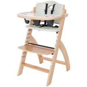 Abiie Beyond Junior Wooden High Chair with Tray – Convertible, Adjustable, Foldable High Chair for Babies and Toddlers – 6 Months to 250 Lb – Water Resistant – Natural Wood with Dove Grey Cushion