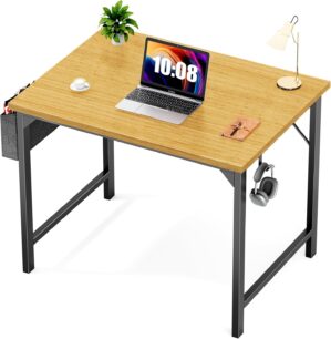 Sweetcrispy Small Computer Office Desk 32 Inch Kids Student Study Writing Work with Storage Bag & Headphone Hooks Modern Simple Home Bedroom PC Table – Nature