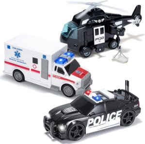 JOYIN Toddler Truck Toys for 3 4 5 6 7 Year Old Boys – Police Car Toy Set, Emergency Vehicle Playset, Friction Powered Car with Lights and Sounds, Christmas Birthday Gifts for Boys Girls Age 3-9