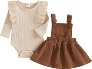 KMBANGI Newborn Infant Baby Girl Skirt Set Ruffle Long Sleeve Knit Romper Corduroy Suspender Dress Skirt Fall Winter Clothes