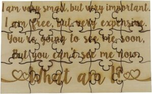 What Am I? Baby Reveal Riddle Puzzle – 15 Piece Basswood Jigsaw Puzzle 5.75″ x 3.5″ Fun Put Together Surprise Pregnancy Announcement