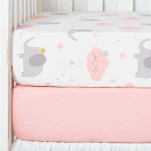 TILLYOU 2 Pack Fitted Crib Sheet Set – 100% Natural Cotton Toddler Bed Mattress Sheets,Standard 28”x 52”, Elephants Clouds&Pink
