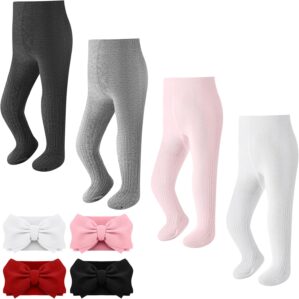 8 Pcs Baby Tights for Girls Cable Knit Leggings Stockings Headbands for Baby with Big Bow Soft Stretchy for Infants