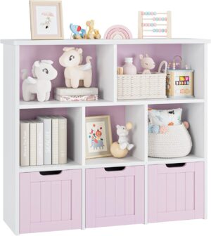FOTOSOK Toy Storage Organizer with 3 Movable Drawers, Floor Storage Cabinet Toy Chest with Hidden Wheels and 5 Storage Cubbies, Multifunctional Storage Chest for Living Room, Home Office, Pink
