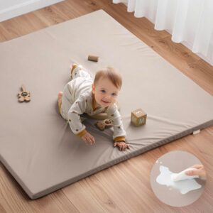 Blissful Diary Vegan Leather Baby Play Mat, 50×50 Thicken Foam Cushioned & Waterproof Playpen Mat for Infants and Toddlers, Stylish and Just Wipe-Clean Playmat for Baby Play on Floor, Brown Gray