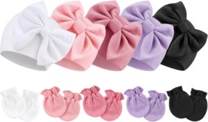 BQUBO Newborn Baby Girls Hats Mittens Set Hospital Hat Beanie Infant Bow Hats Baby Cotton Gloves for 0-6 Months