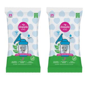 Breast Pump Wipes by Dapple Baby, Hypoallergenic & Powered by Plants, Removes Milk Residue, Leaves No Taste, Convenient Wipes Pouch, Fragrance Free, 25 Count (Pack of 2)