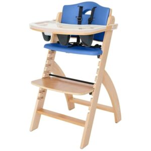 Abiie Beyond Junior Wooden High Chair with Tray – Convertible Baby Highchair – Adjustable High Chair for Babies/Toddlers/6 Months up to 250 Lbs – Stain & Water Resistant Natural Wood/Blue Cushion