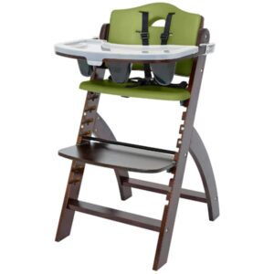 Abiie Beyond Junior Wooden High Chair with Tray – Convertible Baby Highchair – Adjustable High Chair for Babies/Toddlers/6 Months up to 250 Lbs – Stain & Water Resistant Mahogany Wood/Olive Cushion