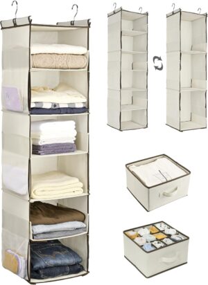 ULG 1 PC Hanging Closet Organizer, 3-in-1 to 6-in-1 Reversible Cloth Hanging Shelves with 6 Side Pockets & 2 Removable Drawers for Wardrobe Clothes Sweater Storage, Foldable, Ivory