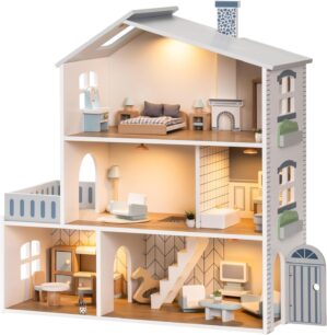 ROBUD Doll House, Wooden Dollhouse with 6 Rooms, 29-pcs Realistic Accessories, Dollhouse Playset for 4-6 Inch Dolls, Gifts for Kids & Toddlers, Nordic Style, Ages 3+