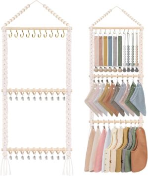 POVETIRE Pacifier Clip Holder Baby Bibs Organizer, Neutral Baby Bandana Drool Bibs Holder – Baby Burp Cloths Organizer Storage Hanging Wall Decor for Nursery Newborn Infant Girls and Boys Room