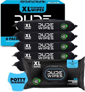 DUDE Baby Wipes – Flushable Baby Wipes Unscented – (6 Pack) 288 Wipes – Extra Large Wet Wipes Flushable – Vitamin-E & Aloe – Septic and Sewer Safe