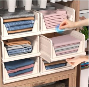 CTSNSLH 6 Pack Folding Closet Organizers Storage Box, Stackable Storage Bins, Plastic Drawer Basket Closet Storage for Wardrobe Cupboard Kitchen Bathroom Office Light Beige-6L