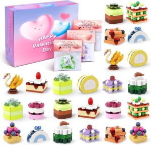 Valentines Day Gifts for Kids Classroom/School,24PCS Dessert Building Blocks and Valentines Cards,Toys for 3+ Years Old Girls & Boys