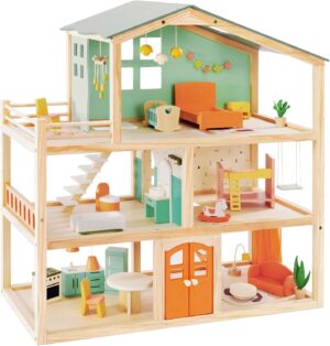 Large Wooden Dollhouse for Girls with 32 Pcs Furniture Accessories, 3-Story Doll House 5 Rooms Balcony Wooden Stairs, Ideal Dollhouse Playset Toy for Kids Ages 3+, 30″ x 28″ x 13″