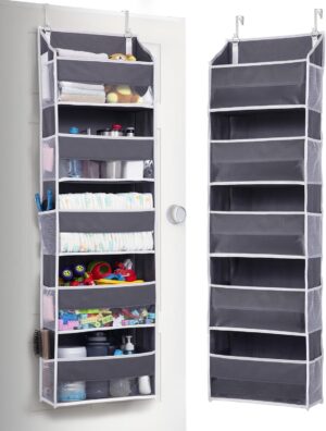 ULG 1 Pack Over Door Organizer with 5 Large Pockets 10 Mesh Side Pockets, 44 lbs Weight Capacity Hanging Storage Organizer with Clear Window Kids Toys, Shoes, Diapers, Dark Grey, 5 Layers